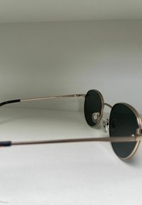 Lunettes de soleil rondes avec des verres foncés, monture en métal doré, branches fines avec un accent en écaille de tortue noire et plaquettes de nez réglables.