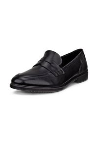 Sort herre loafers i læder med lav hæl, penny-strap detalje og rundet tå, vist i en let vinkel på en hvid baggrund.
