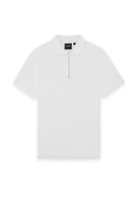 Weißes Polohemd mit kurzen Ärmeln und einem Reißverschlusskragen, aus glattem Material, mit minimalistischem Design ohne Muster oder Akzente.