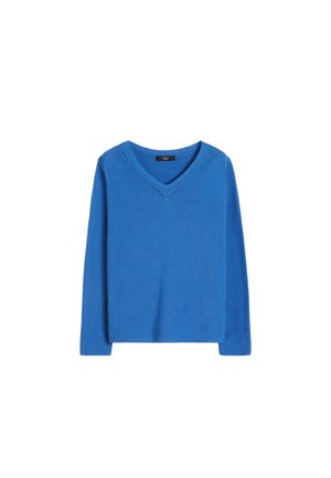 Maglione blu a maniche lunghe con scollo a V e collo a coste, mostrato disteso su sfondo bianco.
