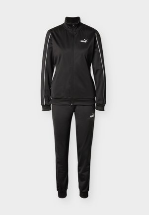 Tuta sportiva nera composta da giacca con zip, maniche lunghe e strisce laterali, abbinata a pantaloni coordinati con loghi Puma.