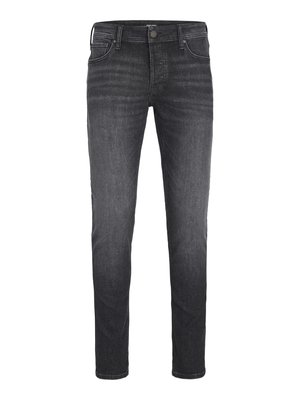 Pantalones vaqueros negros para hombre en corte slim. Están hechos de denim con una textura suave, cuentan con cinco bolsillos, cierre de botón y un sutil desvanecimiento.