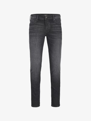 Schwarze Jeans für Herren im Slim-Fit. Hergestellt aus Denim mit glatter Textur, ausgestattet mit fünf Taschen, einem Knopfverschluss und subtilen Verfärbungen.