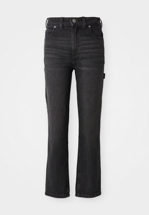 Black denim straight-leg jeans with a high waist, featuring five pockets and a button closure. Smooth texture with a slight stretch.