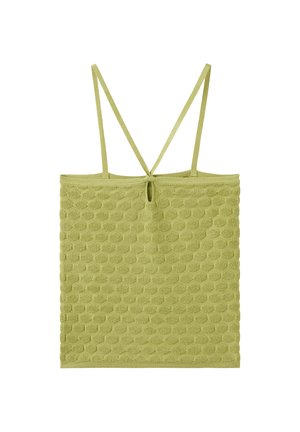 Haut sans manches texturé vert clair avec fines bretelles doubles croisées dans le dos et petit détail en forme de trou sous le décolleté.