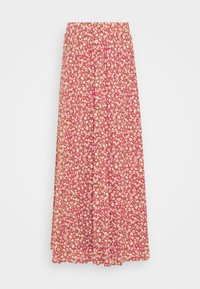 Floral midi skirt in pink with small white flowers. Button-front closure and flared design. Lightweight fabric with a soft texture.