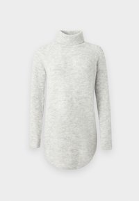Light gray turtleneck sweater with long sleeves, ribbed texture, and a slightly curved hem. Soft knit material suitable for layering.