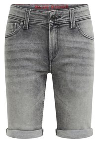 Pantalones cortos de mezclilla gris con puños enrollados, que cuentan con un cierre de botón y una etiqueta "BLUE RIDGE" en la cintura. Diseño clásico de corte slim.