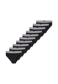 Culottes en coton noir avec une ceinture élastique grise, arborant un logo de marque. Exposées en rangée, présentant plusieurs paires.
