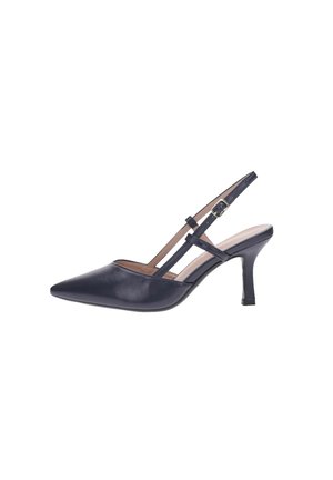 Décolleté slingback in pelle nera con punta a punta, sottili cinturini e chiusura con fibbia, caratterizzata da un tacco stiletto sottile di altezza media.