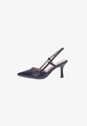 Décolleté slingback in pelle nera con punta a punta, sottili cinturini e chiusura con fibbia, caratterizzata da un tacco stiletto sottile di altezza media.