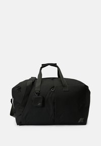 Black duffel bag made of durable fabric with dual handles, adjustable shoulder strap, and a small attached zippered pouch.