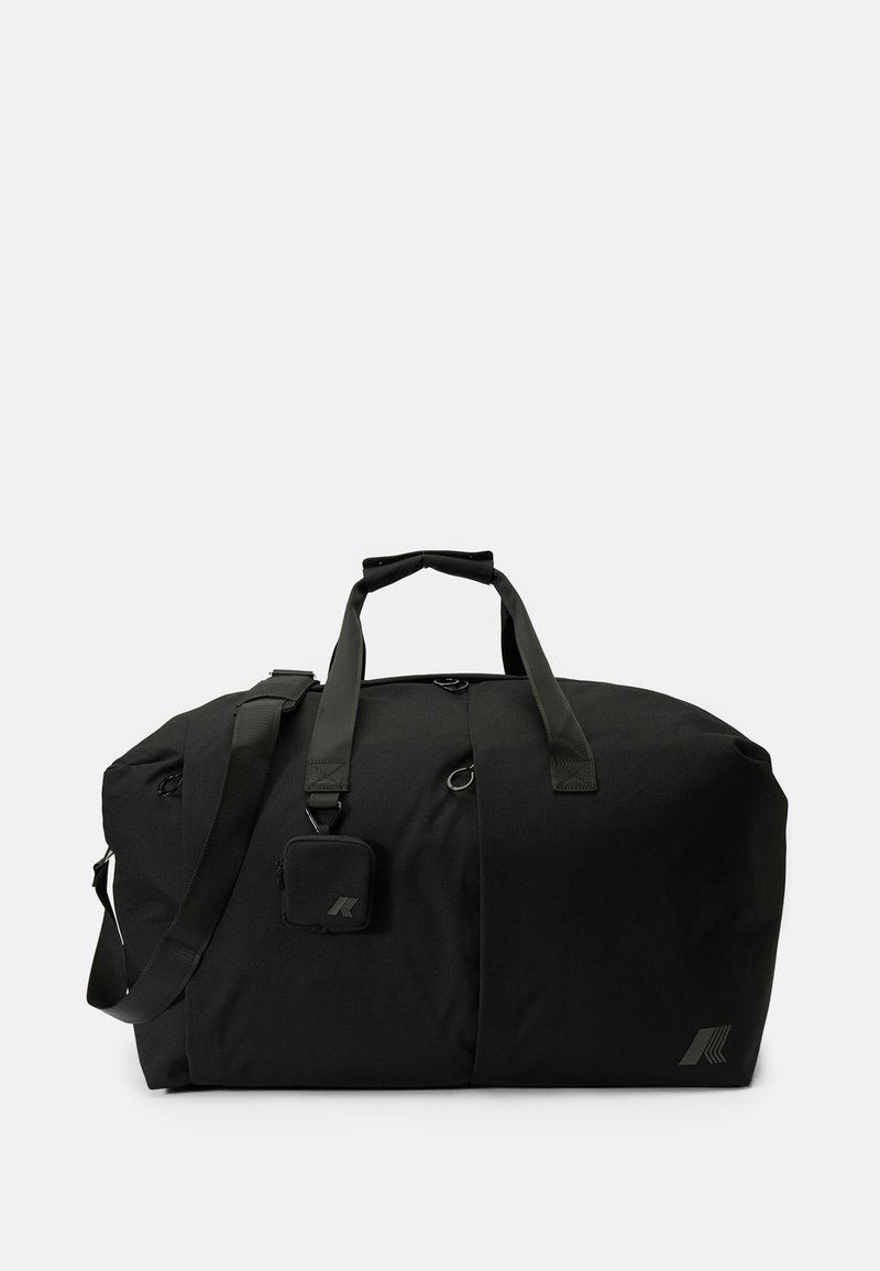 Black duffel bag made of durable fabric with dual handles, adjustable shoulder strap, and a small attached zippered pouch.