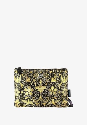 Sacca in tessuto nero e oro con intricati motivi floreali e di uccelli, dotata di chiusura con zip e di un piccolo anello per il fissaggio.