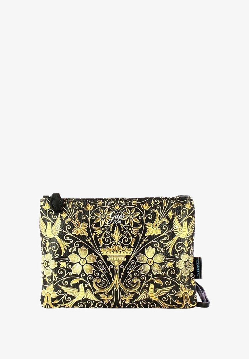 Sacca in tessuto nero e oro con intricati motivi floreali e di uccelli, dotata di chiusura con zip e di un piccolo anello per il fissaggio.