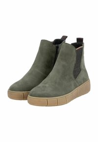 Botas de tobillo verdes de gamuza con paneles laterales elásticos, una pestaña trasera para tirar y una suela de goma con un diseño segmentado y texturizado.