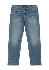 Mėlyni džinsai su išblukusiomis šlaunų vietomis, priekinis mygtukas ir užtrauktukas, penkių kišenių dizainas ir tiesios kojos kirpimas.