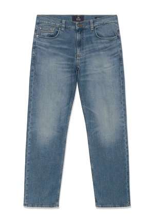 Jeans in denim blu con aree delle cosce sbiadite, chiusura frontale con bottone e zip, design a cinque tasche e taglio dritto.