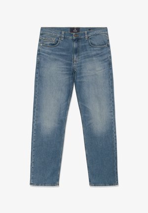 Modri kavbojki z zbledelimi predeli na stegnih, spredaj z gumbom in zadrgo, pet žepov ter ravnim krojem nogavic.