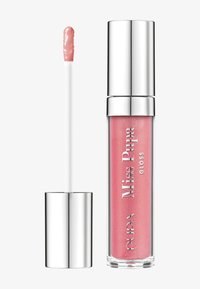Lipgloss in een doorzichtige tube met een zilveren dop, met een zachte roze kleur en een glinsterende finish. Inclusief een wit applicatorstaafje.