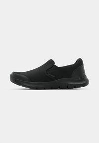 Black slip-on shoes featuring a textured mesh upper, rubber sole, and padded collar for comfort. Lightweight design with a flexible structure.