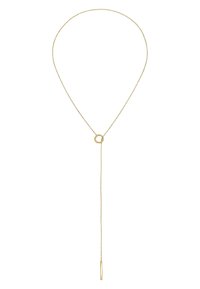 Collana color oro con una catena sottile, dotata di un pendente circolare e un accento a barretta verticale. Design semplice ed elegante.