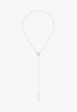 Collier doré avec une chaîne fine, comportant un pendentif circulaire et un accent de barre verticale. Design simple et épuré.