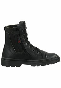 Zwarte leren enkelboot met textuur aan de zijkant, vetersluiting aan de voorkant en ritsdetail. Dikke rubberen zool met profiel.