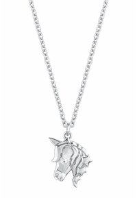 Collana con pendente a forma di unicorno in argento, con una finitura lucida, caratterizzata da un accento di diamante sull'occhio dell'unicorno e una criniera texturizzata.