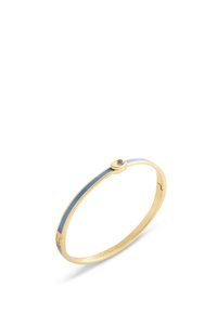 Gold bangle bracelet featuring a blue enamel stripe and a small circular accent, with a smooth, rounded design and polished finish.
