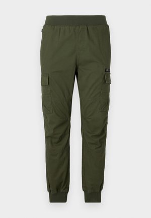 Oliivrohelised cargo püksid elastse vöökohaga, küljetaskudega ja pahkluude manustega; valmistatud vastupidavast kangast, millel on sile tekstuur.