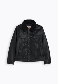 Black leather jacket with a soft shearling collar, button front, two chest pockets, and side pockets, featuring a textured finish.