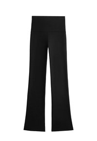 Black high-waist, wide-leg pants with a smooth waistband, displayed flat against a white background.