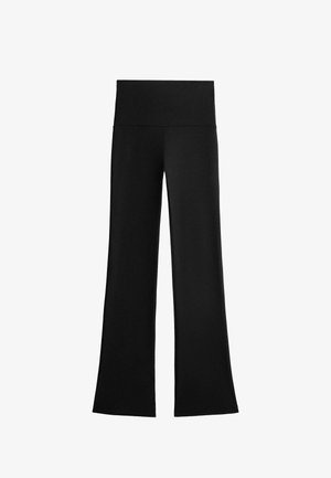 Black high-waist, wide-leg pants with a smooth waistband, displayed flat against a white background.