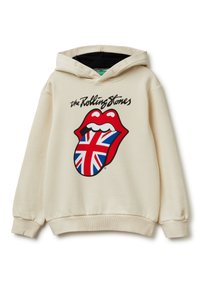 Sudadera beige con capucha negra interior, que presenta el texto "The Rolling Stones" y un logo de labios rojos con una impresión de la bandera británica en la lengua en la parte frontal.