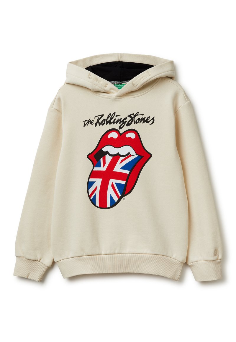Sudadera beige con capucha negra interior, que presenta el texto "The Rolling Stones" y un logo de labios rojos con una impresión de la bandera británica en la lengua en la parte frontal.
