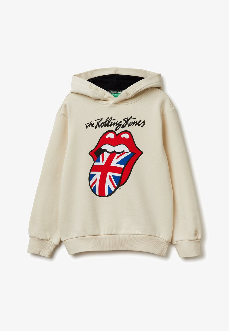 Sudadera beige con capucha negra interior, que presenta el texto "The Rolling Stones" y un logo de labios rojos con una impresión de la bandera británica en la lengua en la parte frontal.