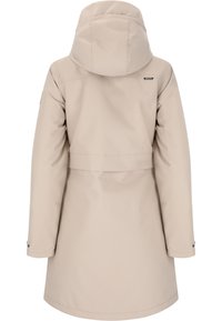 Beige vedenpitävä takki hupulla, sileä pinta, vyötärövyö ja napitettu hihna. Takaa näkyy puhdas muotoilu ja minimaalinen yksityiskohtaisuus.