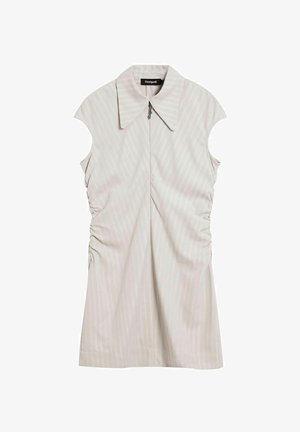 Ärmelloses, hellgraues Top mit klassischem Kragen, das mit einem Nadelstreifenmuster und Raffung an den Seiten versehen ist. Mit frontaler Reißverschluss-Detail.