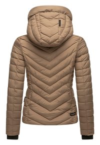 Brown puffer jacket with a chevron quilted pattern, a hood, and ribbed cuffs. Features a logo tag on the lower side. Smooth texture.