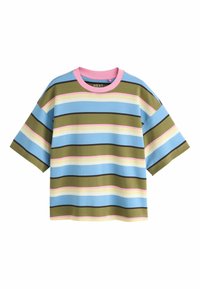Proužkované tričko v modré, zelené, růžové a krémové barvě. Má krátké rukávy, kulatý výstřih a měkký bavlněný materiál.