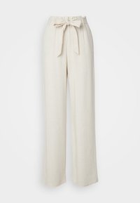 Pantalon large en lin blanc cassé avec taille à nouer, doté d'une ceinture élastique froncée et d'une texture lisse.