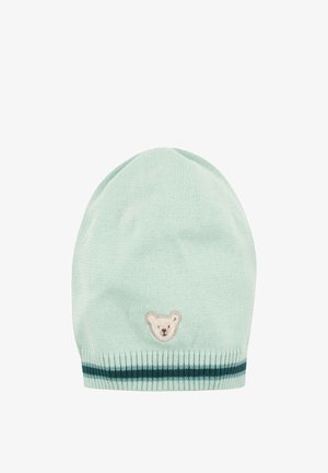 Hellmintgrüne Strickmütze mit aufgesticktem Bärengesicht und dunkelgrünen Streifenakzenten am Saum. Weicher, elastischer Stoff.