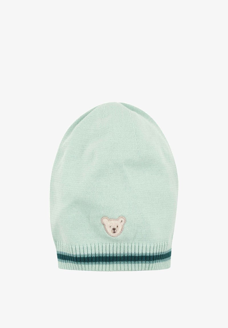 Bonnet tricoté vert menthe clair avec broderie de visage d'ours et accents rayés vert foncé à l'ourlet. Tissu doux et extensible.