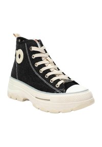 Zapatillas altas de lona negra con cordones crema y puntera de goma; tejido texturizado; suela blanca gruesa con un diseño de surcos distintivo.