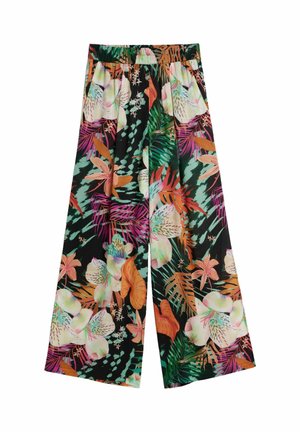 Wijde broek met elastische tailleband, met een kleurrijk tropisch bloemenpatroon op een zwarte achtergrond.