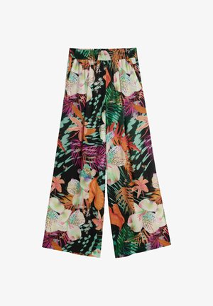 Weit geschnittene Hose mit elastischem Bund, mit einem bunten tropischen Blumenmuster auf schwarzem Hintergrund.