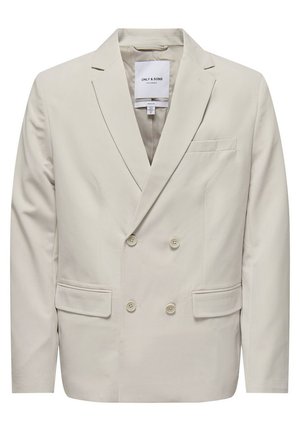Blazer de doble botonadura en beige claro, confeccionado en una tela suave. Presenta dos bolsillos delanteros y seis botones, con un diseño de cuello con muesca.