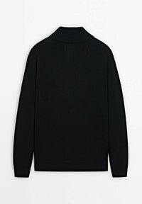 Black ribbed knit sweater with a high collar, featuring long sleeves and a straight hem. Textured fabric with a fitted design.