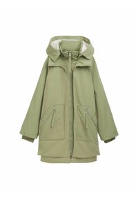 Olívazöld parka dzseki kapucnival, elülső cipzárral, két cipzáras zsebbel, és kellemes béléssel. Egyenes fazonú, oversized design.